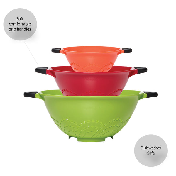 Professional Soft Grip Set of 3 Colanders in Green, Red, and Orange