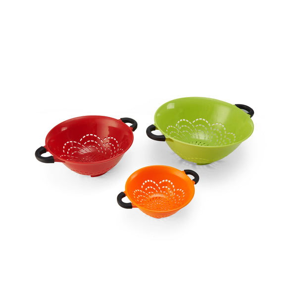 Professional Soft Grip Set of 3 Colanders in Green, Red, and Orange