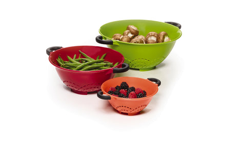 Professional Soft Grip Set of 3 Colanders in Green, Red, and Orange