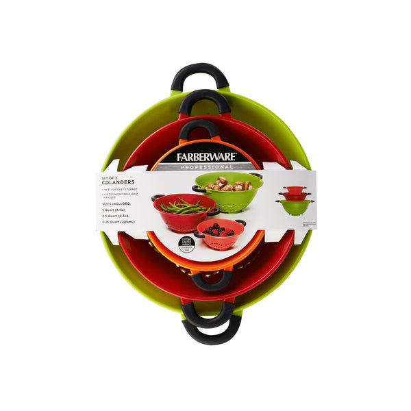 Professional Soft Grip Set of 3 Colanders in Green, Red, and Orange