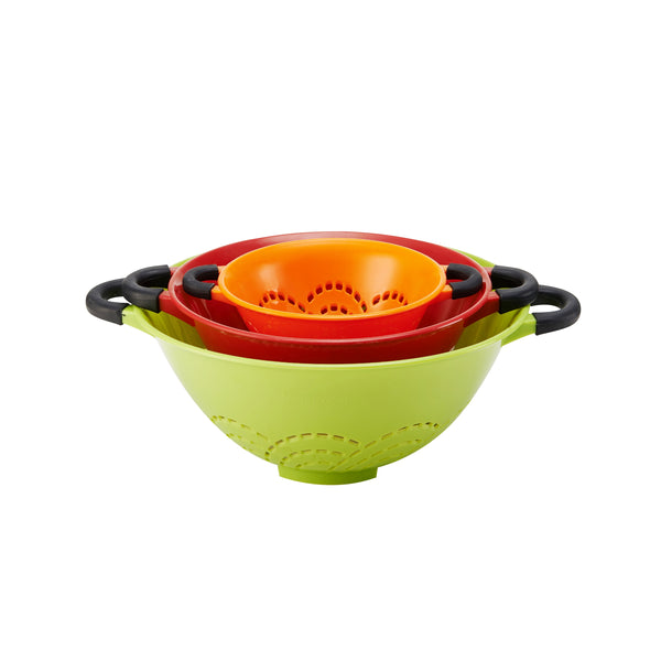 Professional Soft Grip Set of 3 Colanders in Green, Red, and Orange