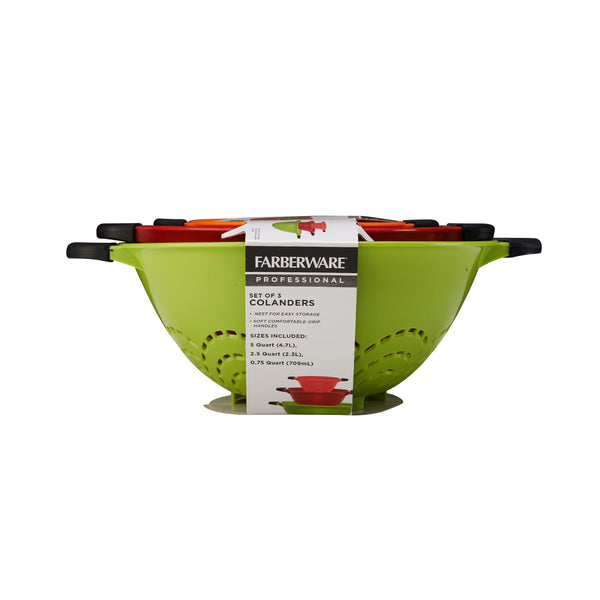 Professional Soft Grip Set of 3 Colanders in Green, Red, and Orange