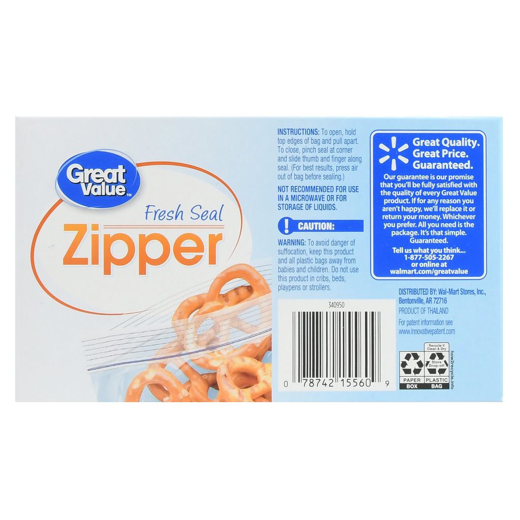Great Value Fresh Seal Zipper Square Snack Bags, 200 Count 